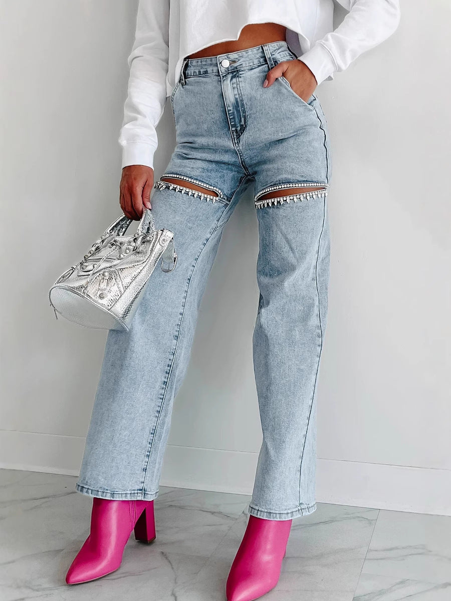 Fashion Women's Washed Multi-Pocket Hollow Diamond Washed Denim Pants