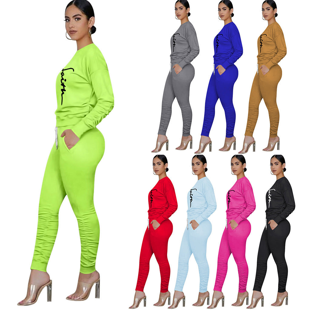 Women'S Print Solid Color Long Sleeve Round Neck Top And Ruched Pants Set Two-Piece Set 19