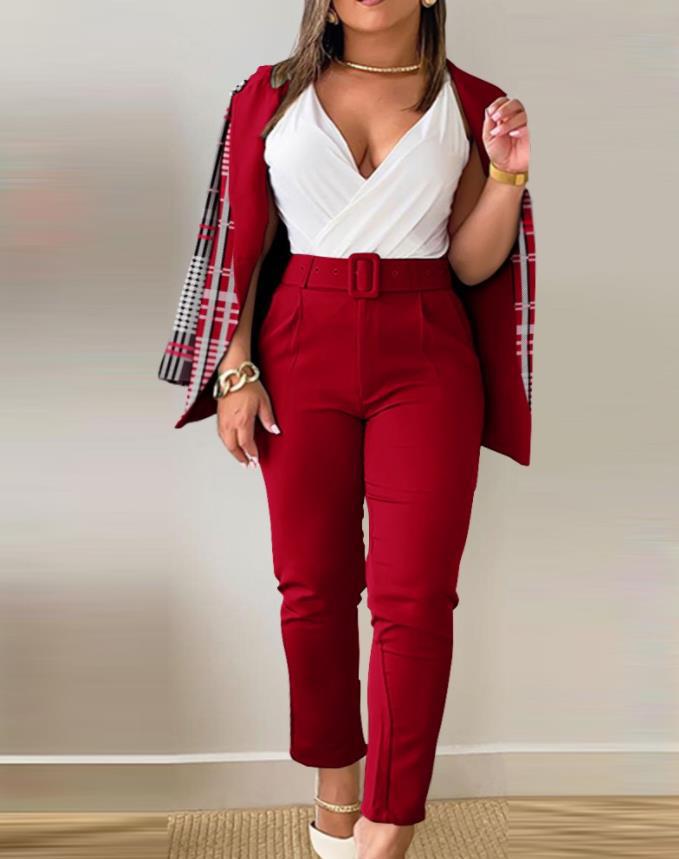 Women Printed Casual Blazer and Pant Two-Piece Set with Belt 20