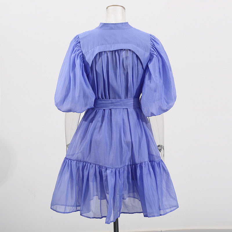 Women Solid Puff Sleeve Short Skirt Lace-Up Dress 8