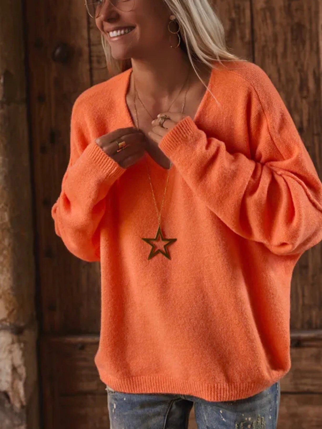 Fall/Winter Deep V-Neck Pullover Women's Sweater Fashion Casual Loose Long-Sleeve Knit Top 4