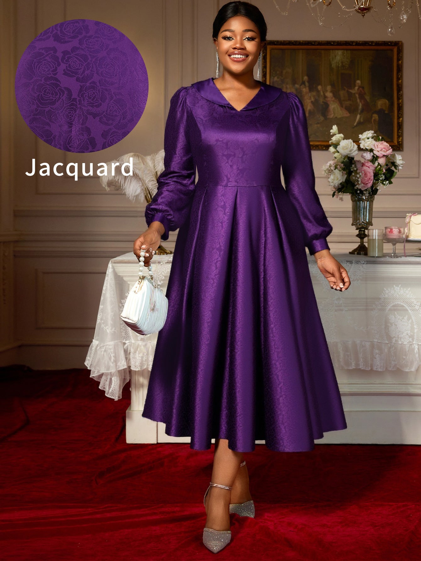 Plus-Size Women Turndown Collar Jacquard Lantern Long-Sleeved Autumn Dress 5