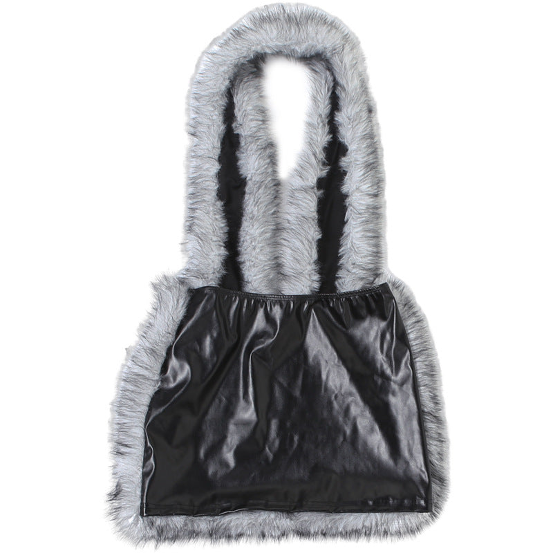 Women's Autumn Winter Fashion Sexy Faux Fur Patchwork Pu Leather Halter Neck Deep V-Neck Dress 13