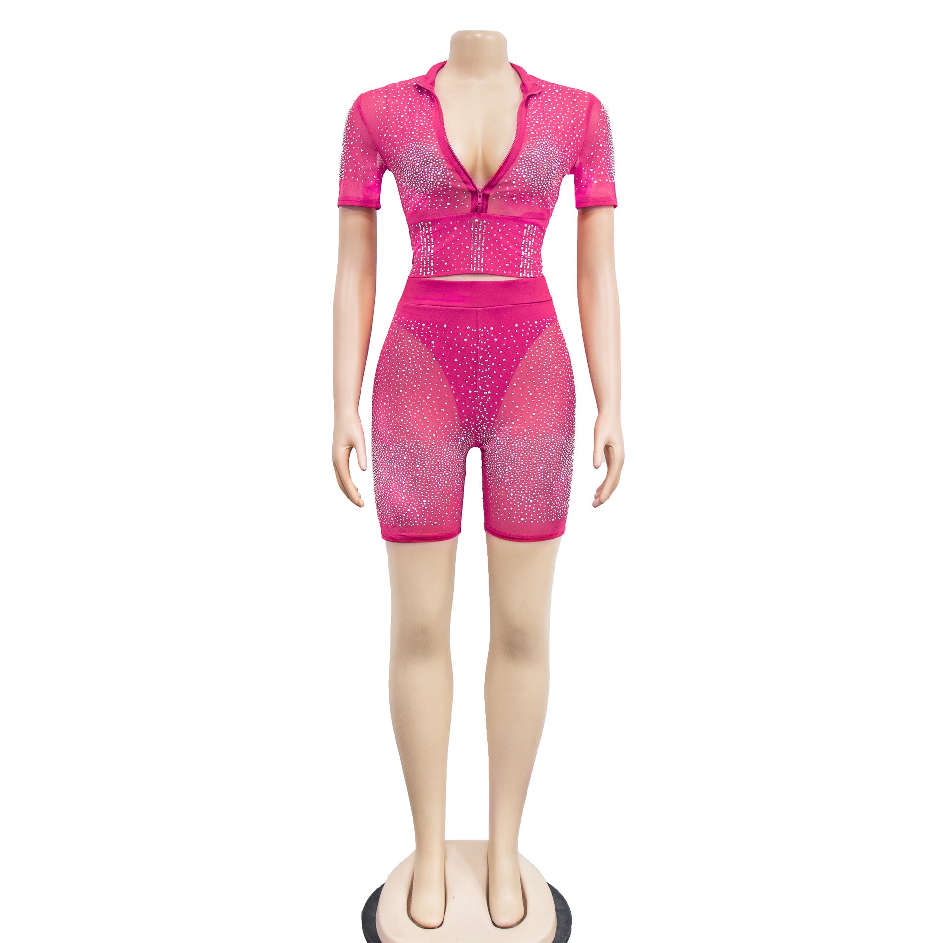 Summer Sexy Beaded Short Sleeve Crop Top and Shorts Matching Set 26