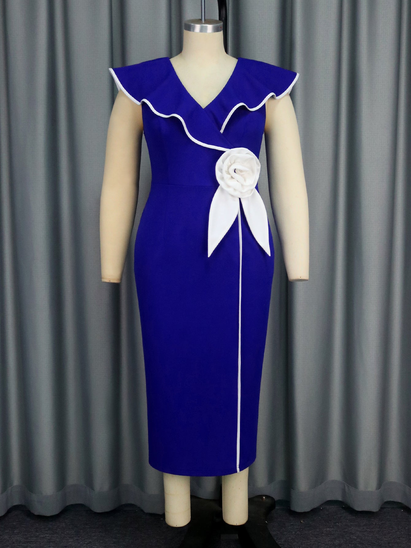 Plus-Size Contrast Flower Ruffle Sleeve Elegant Chic Formal Party Dress 6