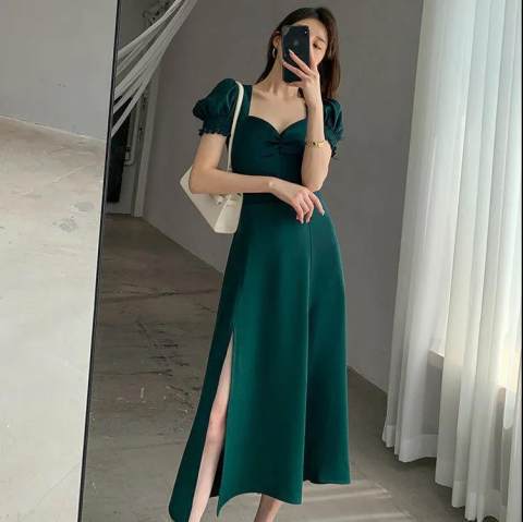 Women Summer French Style Puff Sleeve Square Neck Slit Long Dress 3
