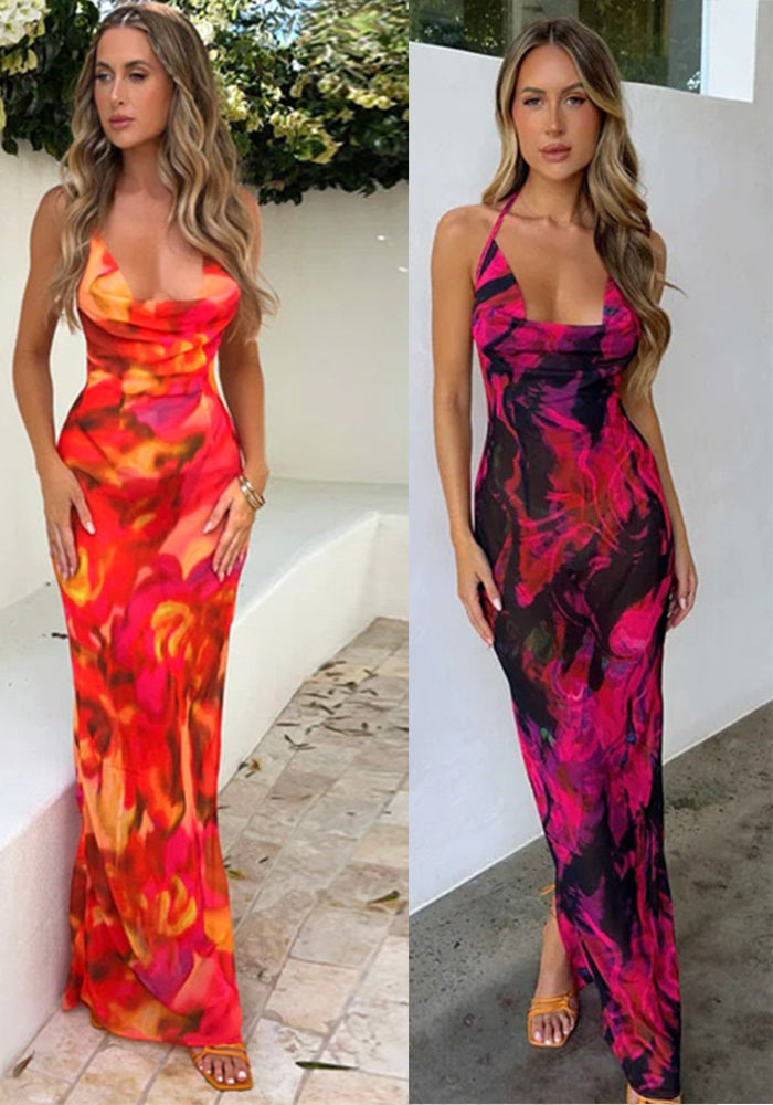 Women printed Halter Neck Lace-Up sexy backless bodycon dress