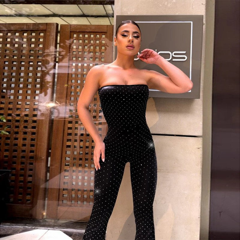 Women Sparkling Polka Dot Strapless Wide Leg Jumpsuit