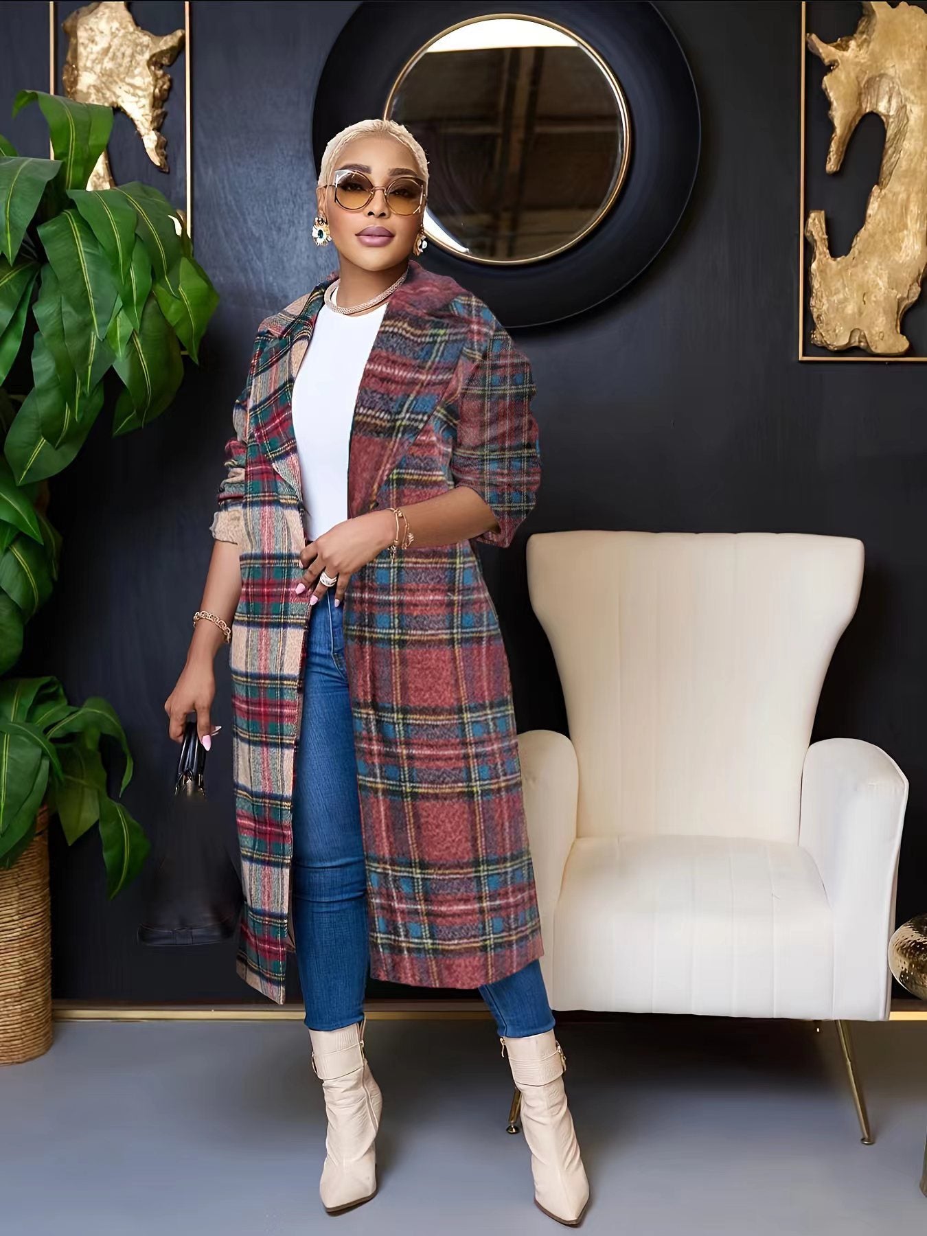 Women Winter Plaid Long Sleeve Long Coat