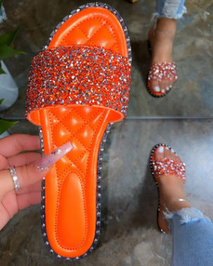 women Round head flat bottom rhinestone slippers beach slippers Plus Size one-line rhinestone slippers