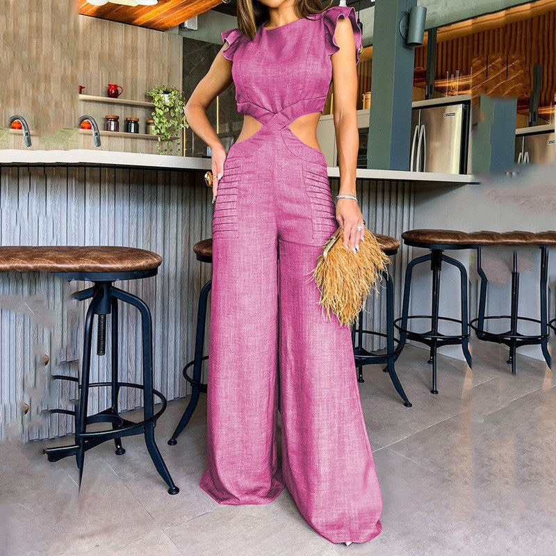 Women Summer Round Neck Ruffled Loose Jumpsuit 6