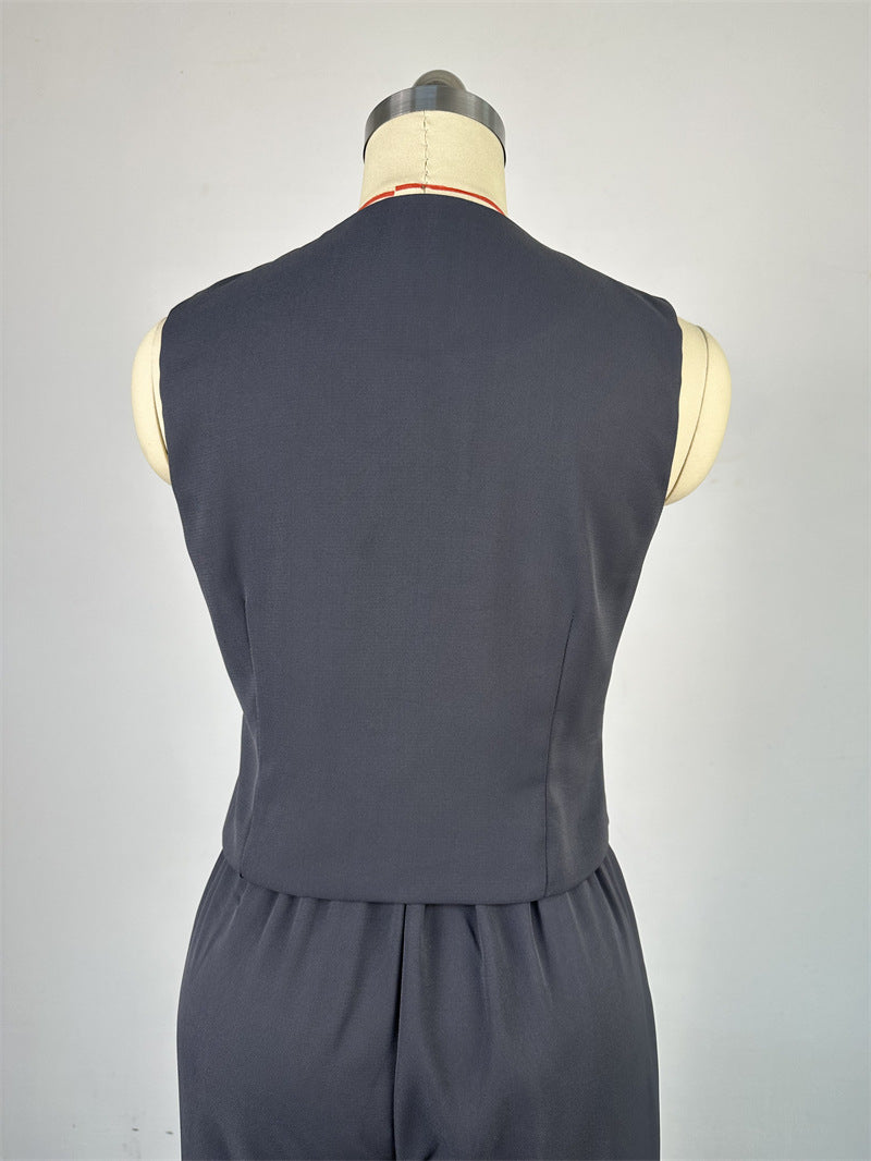 Women 's Spring V-Neck Sleeveless Vest Wide-Leg Trousers Casual Suit 32