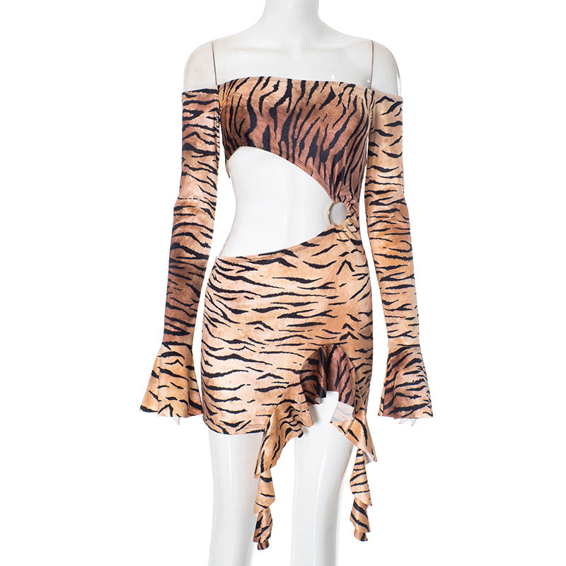 Off Shoulder Hollow Metal Ring Leopard Print Long Sleeve Dress 9