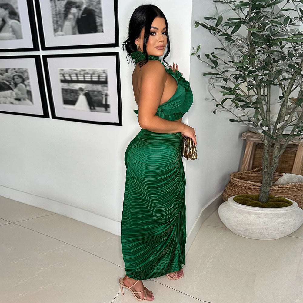 Fashionable Women's Solid Color Sleeveless Ruffled Halter Top Slit Pleated Skirt Two Piece Set 10