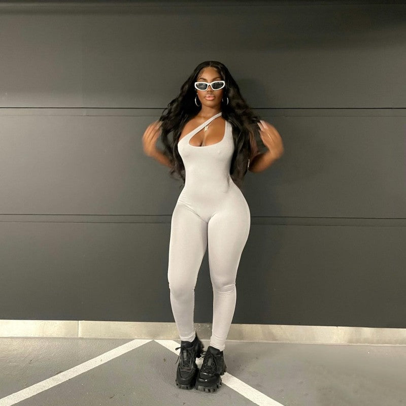 Solid Color One Slash Shoulder Slim Fit Casual Women's Jumpsuit 3