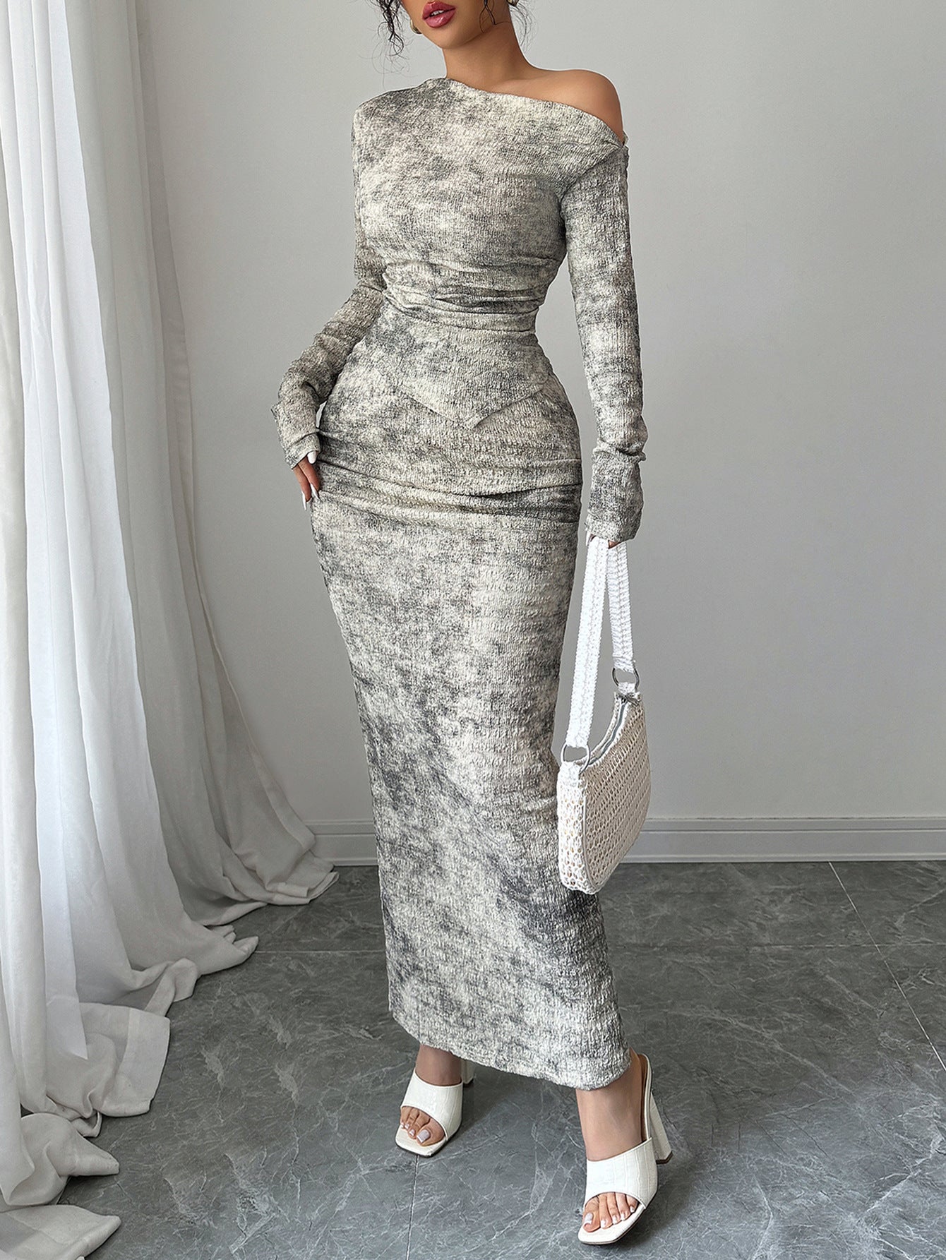 Women Elegant Slash Shoulder long-sleeved top and Skirt two-piece set 4