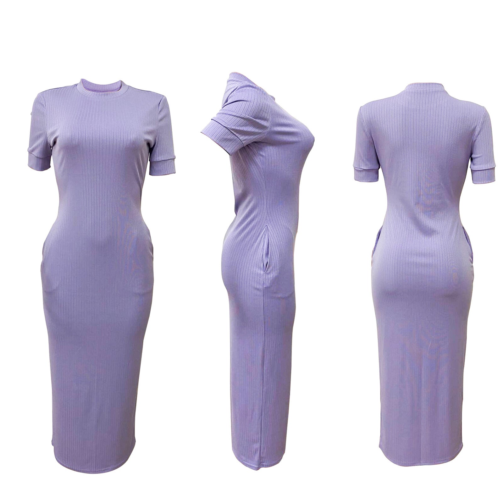Summer Women's Fashion Round Neck Solid Rib Short Sleeve Sexy Slim Long Dress 17