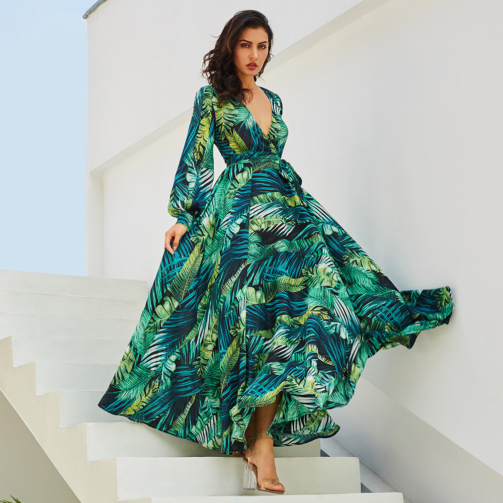 Summer Lantern Sleeve Sexy Deep V Neck Leaf Print Long Dress