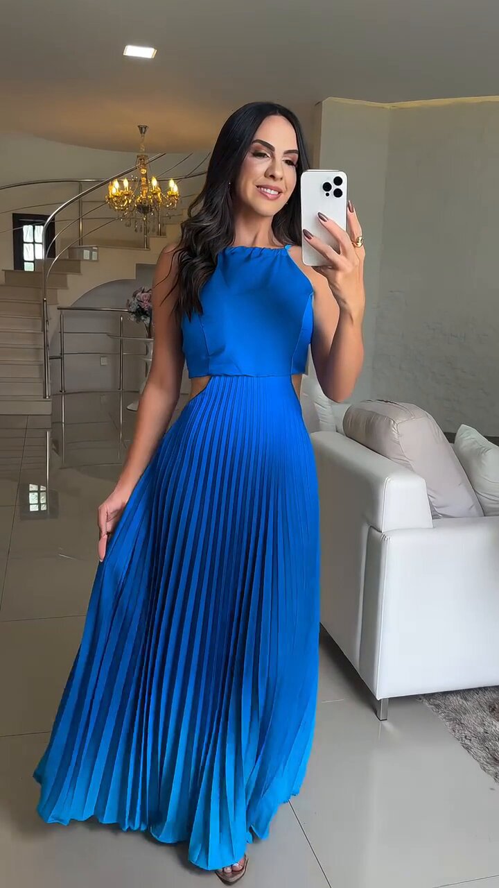 Women's Fashion Chic Elegant Halter Neck Pleated Gradient Maxi Dress 3