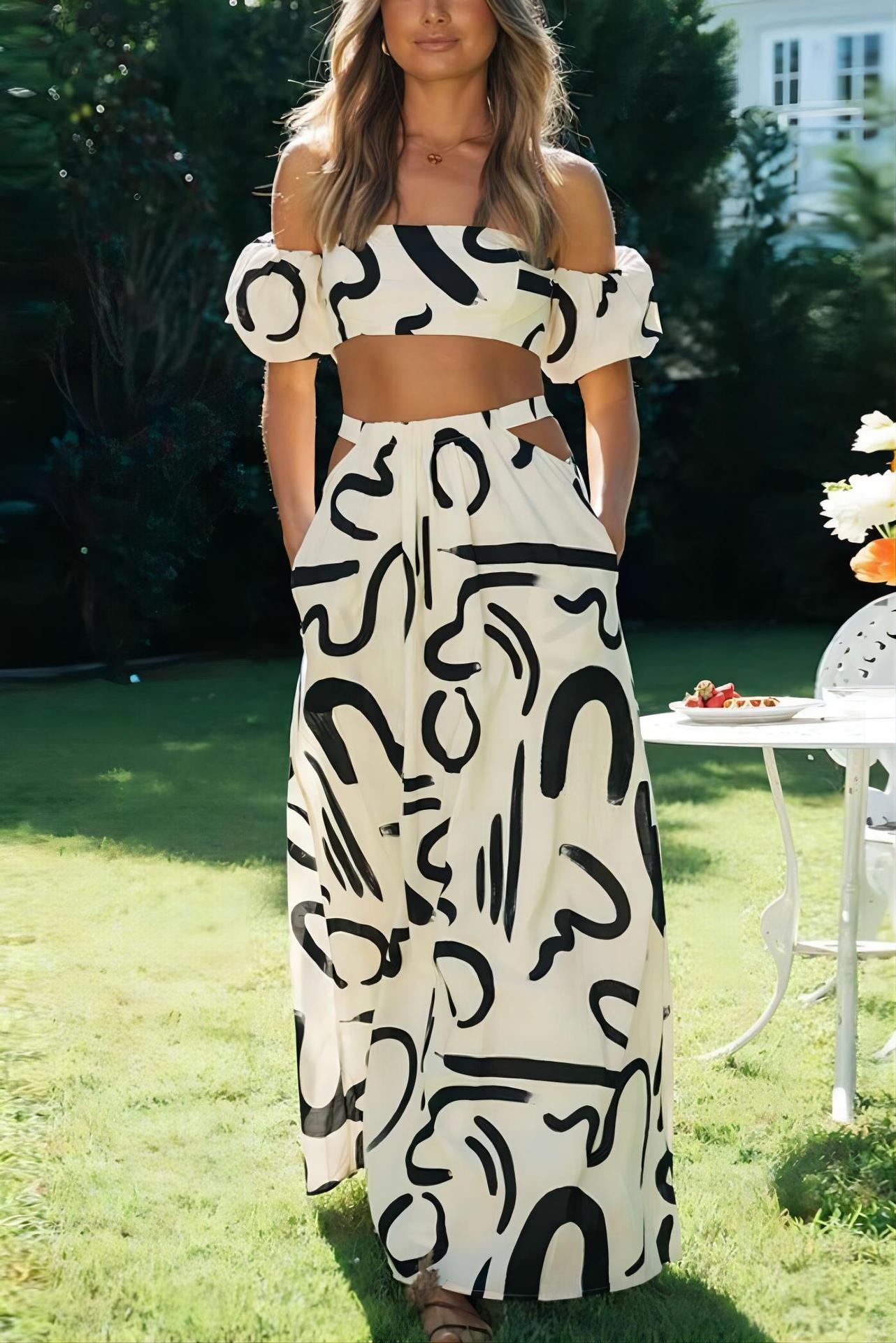 Women's Summer Puff Sleeve Top Hollow Long Swing Skirt Two Pieces Set 3