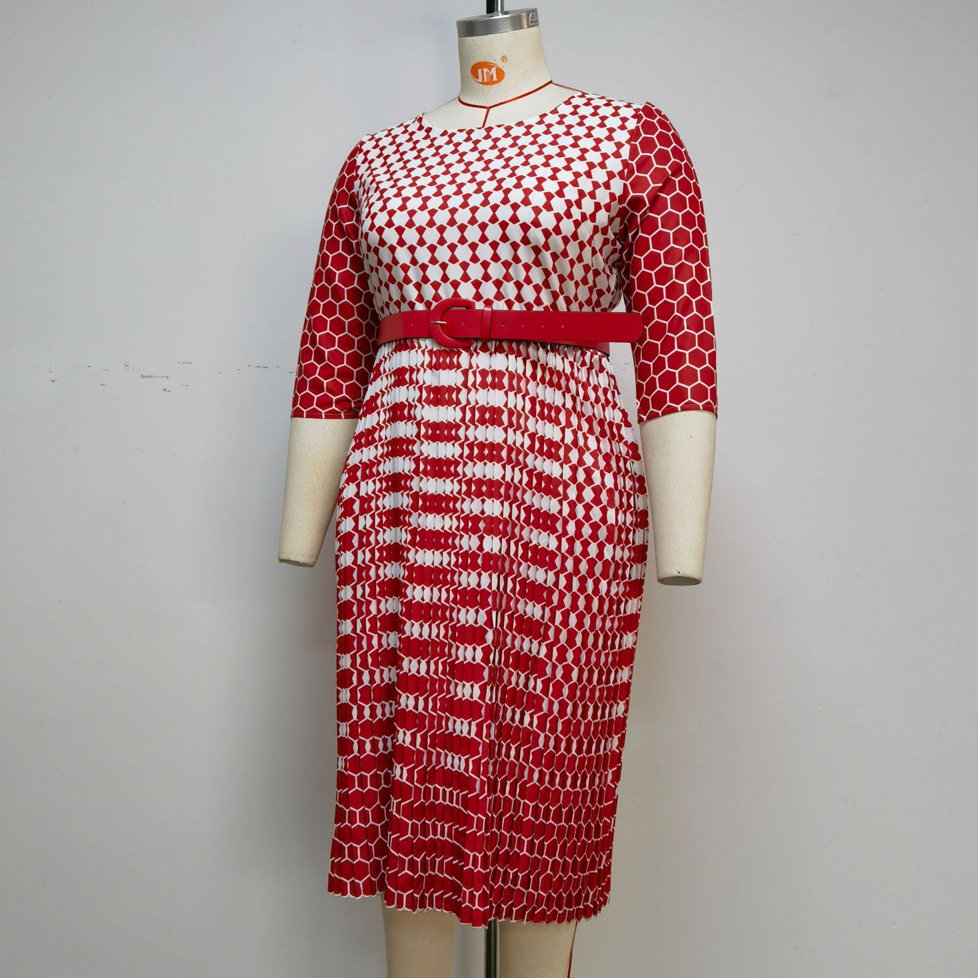 Plus Size Women African Round Neck Three-quarter Sleeve Pleated Snake Dress 12