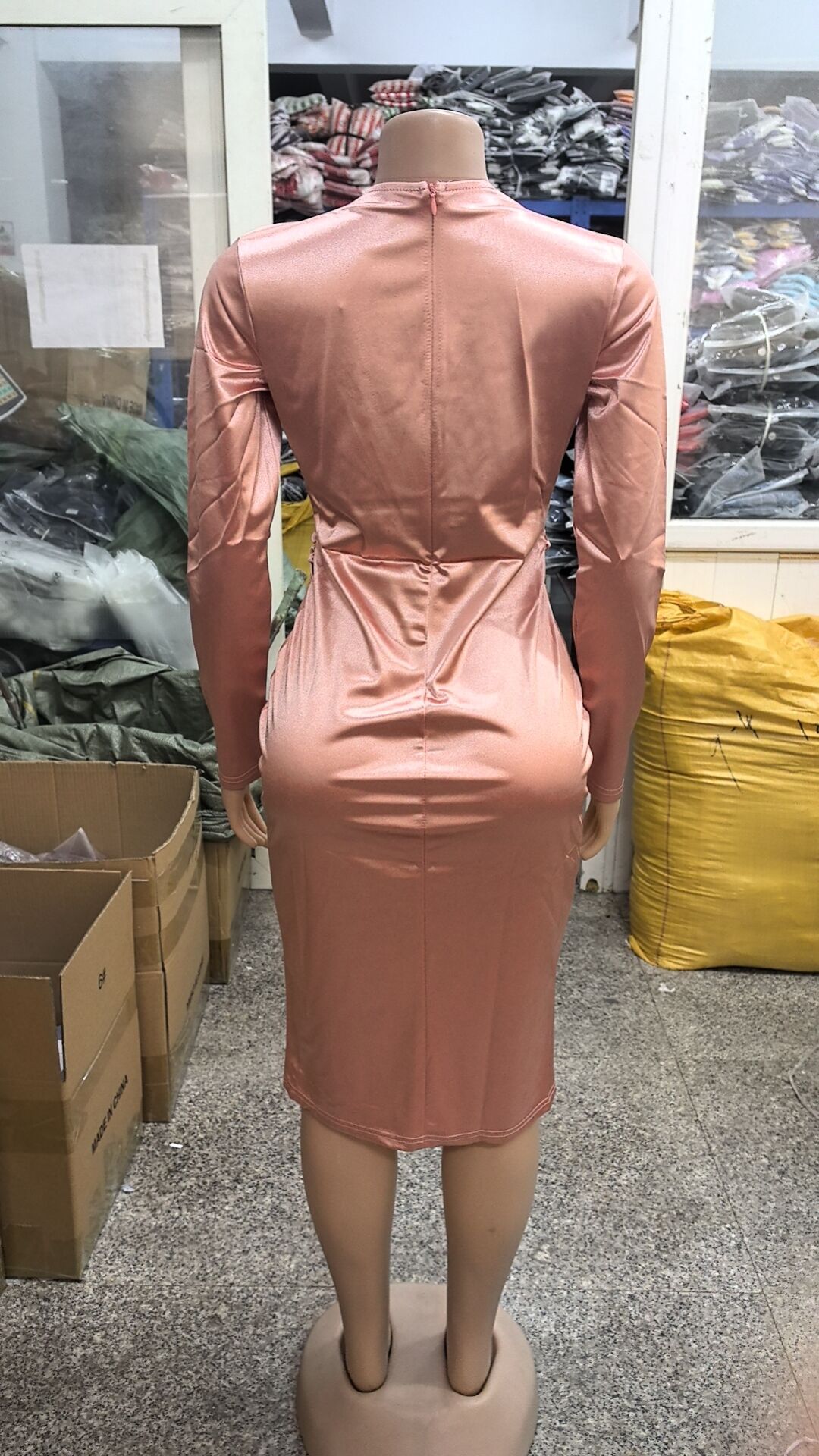 Women Sexy Solid Shiny Long Sleeve V-Neck Dress 20