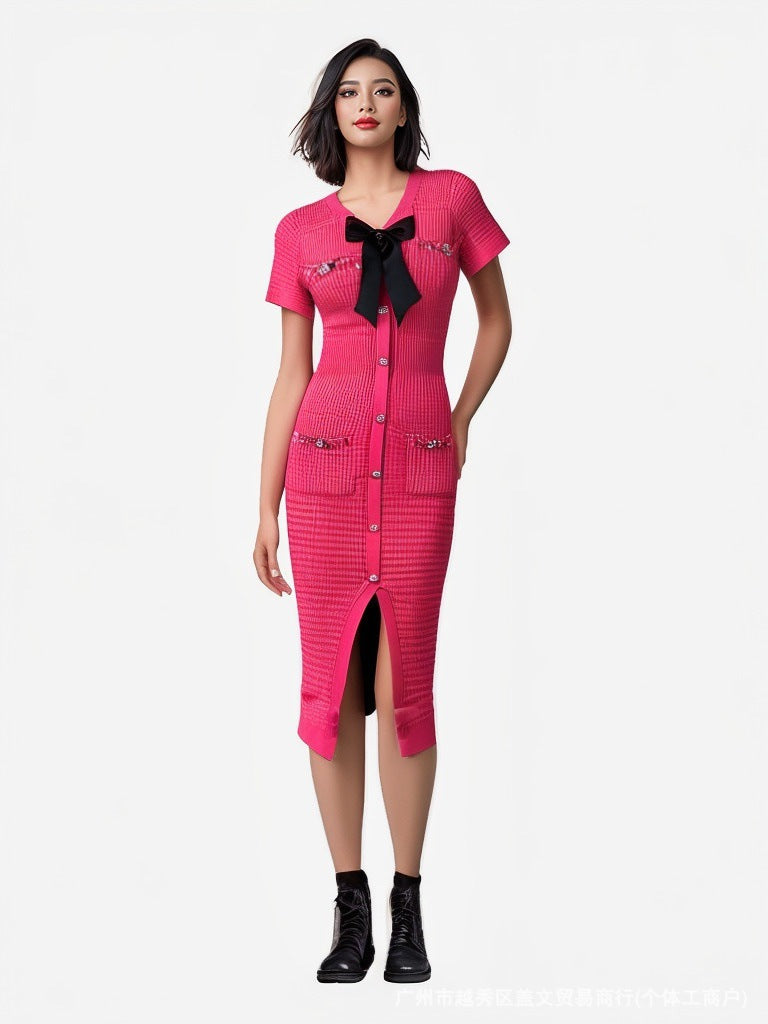 Women French V Neck Bow Short Sleeve Beaded Button Knitting Slit Dress 8