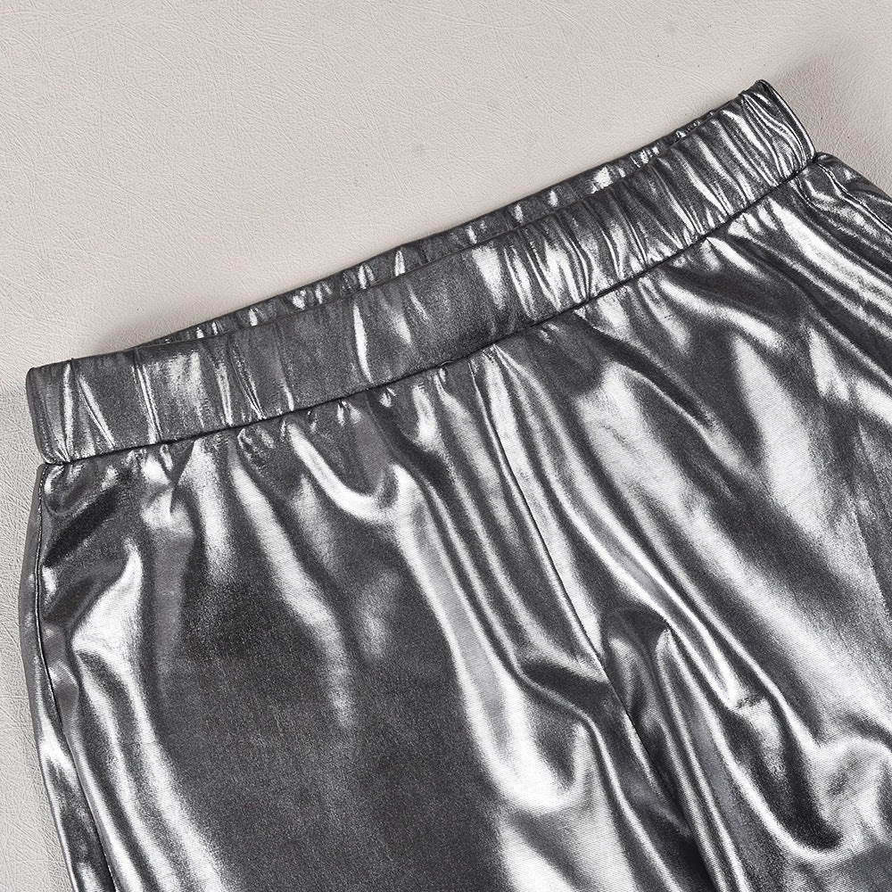 Sexy stretch leather side-exposed hollow vest high-waist bell-bottoms pants two piece set 5