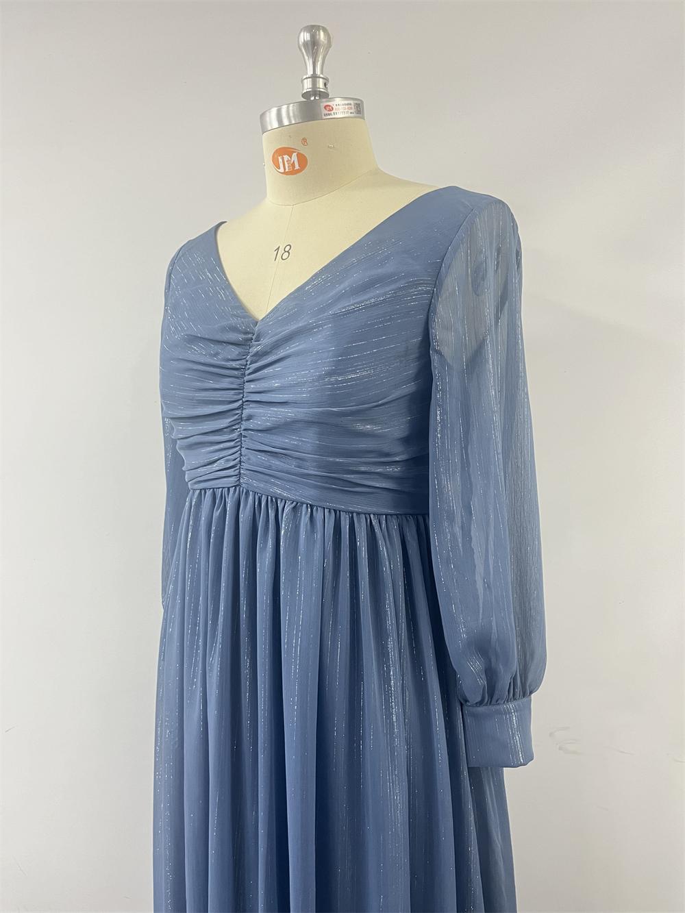 Plus Size Women Long Sleeve Double V-Neck Pleated Evening Dress 12