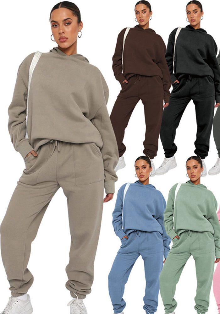 Fall Winter Solid Color Hooded Tracksuit Long Sleeve Hoodies Women's Fashion Casual Pant Two Piece Set