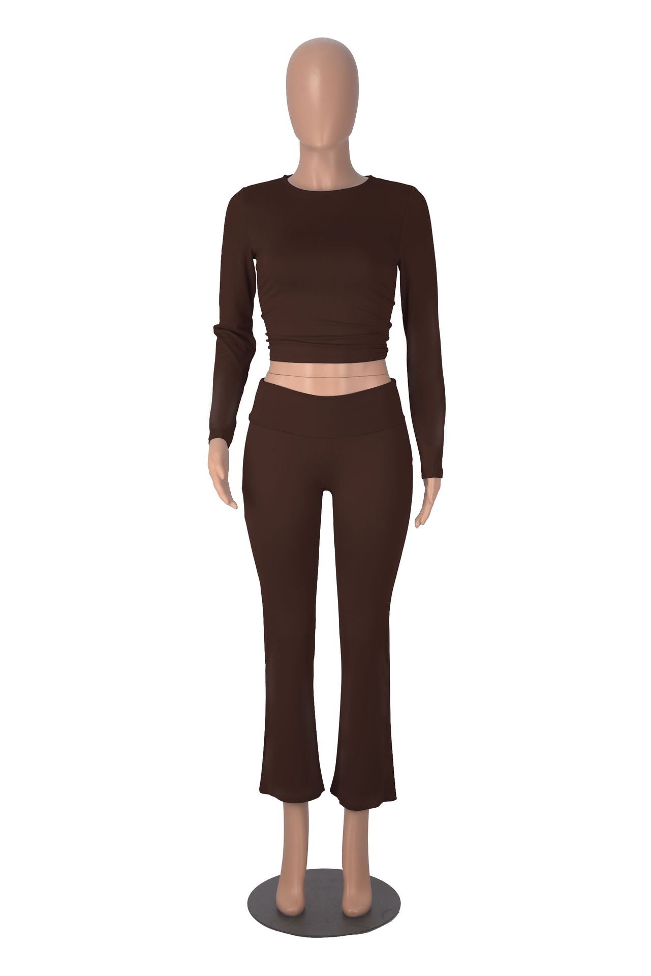 Women long sleeve round neck top and bell bottom pant two-piece set 27