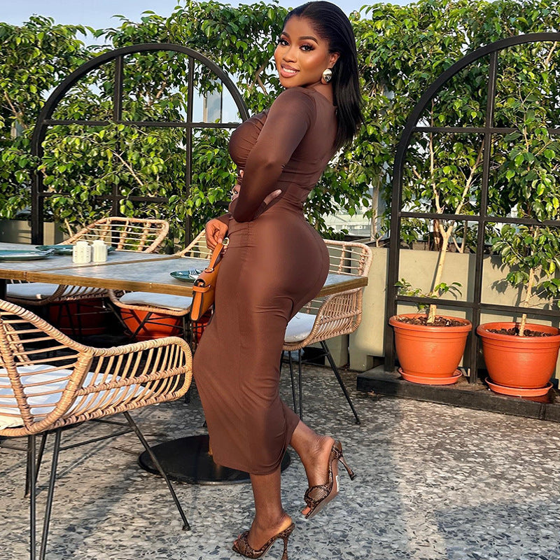 Women's Solid Color Round Neck Long Sleeve Slim Midi Dress 4