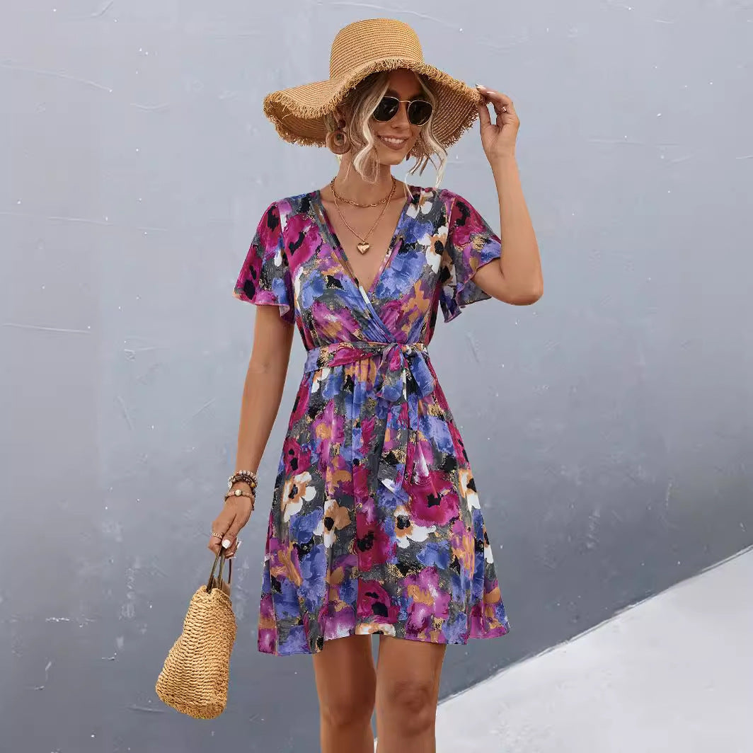 Spring Women's Print Lace-Up Short Sleeve Dress 7
