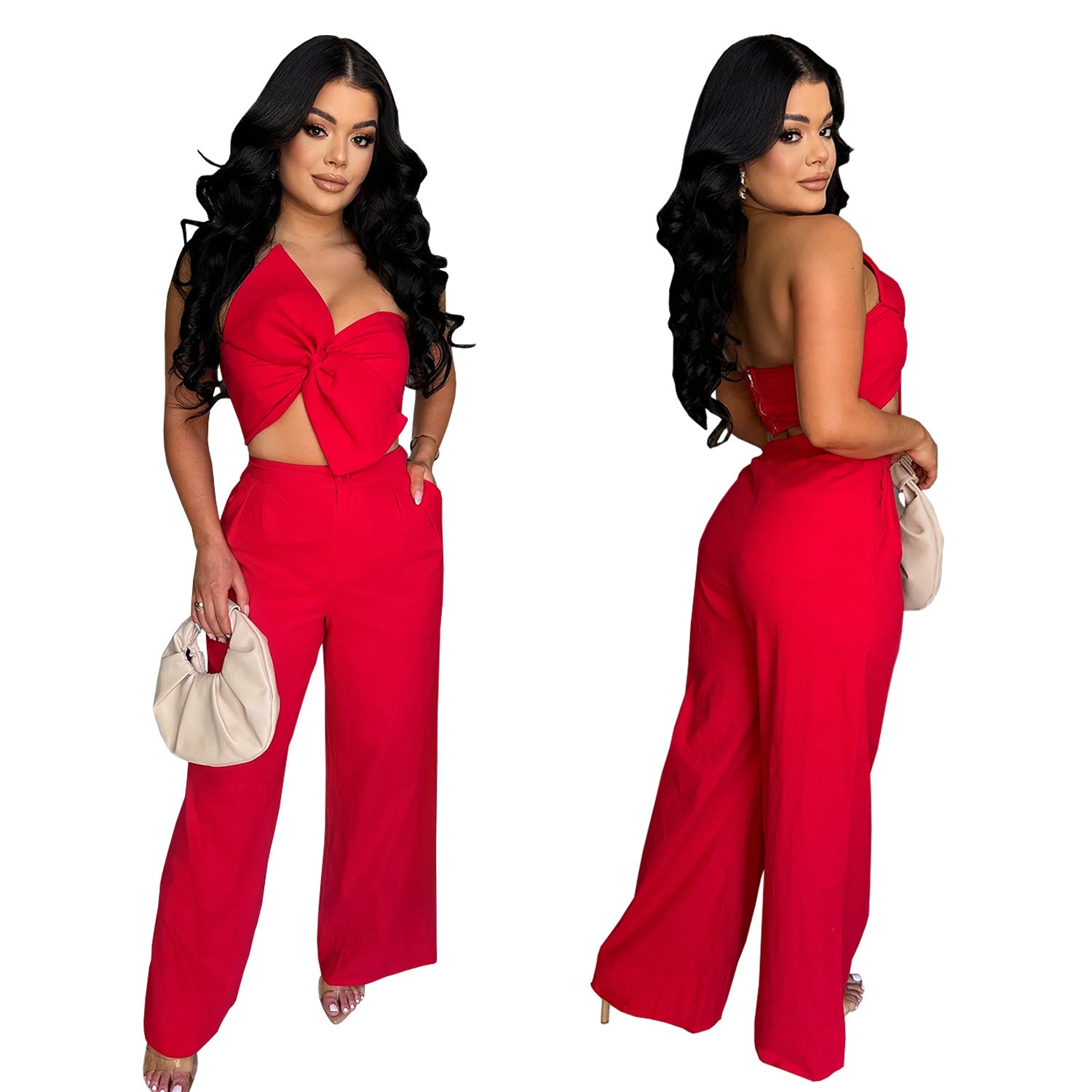 Women  Sexy Bowknot Top and Pants Two Piece Set 11