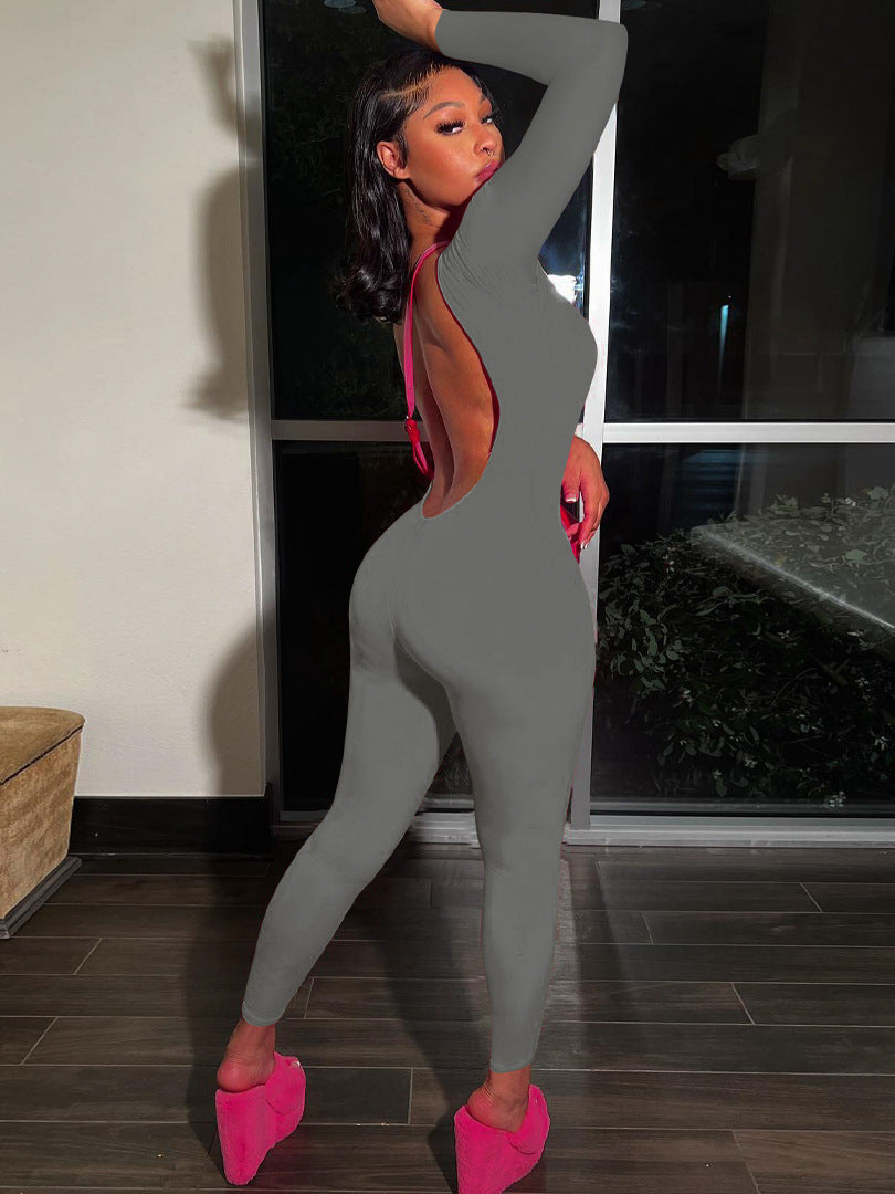 Women's Low Back Solid Color Long Sleeve Jumpsuit Fall Slim Sports Basic Overall Pants 8