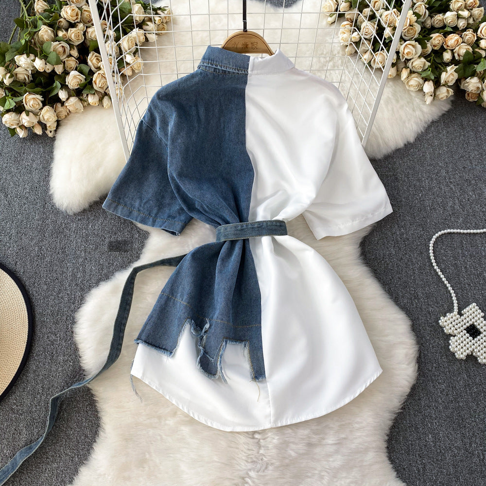 Color Block Turndown Collar Slim Waist A-Line Single Button Denim Shirt Irregular T-Shirt Dress 7