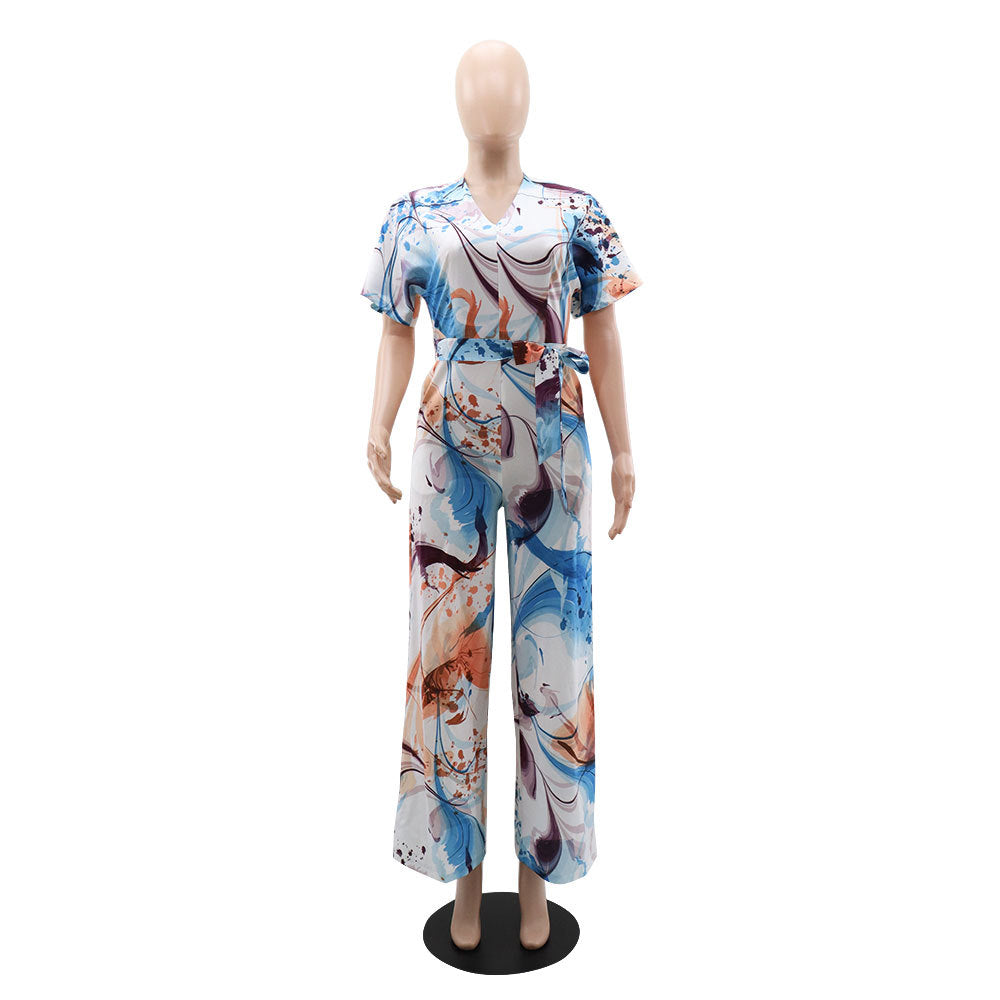 Women Print Lace Up V Neck Short Sleeve Jumpsuit 6