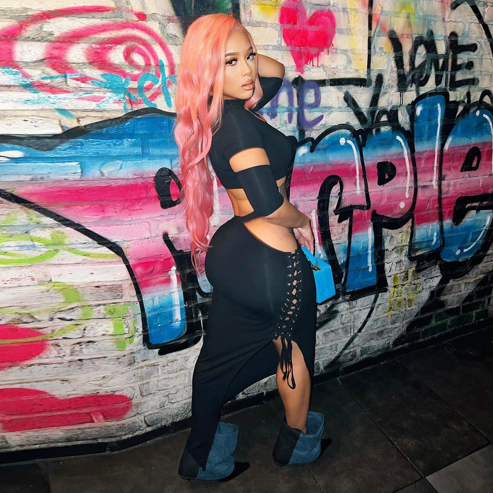 Women Trendy Style Hollow-Out Crop Top and Long Skirt Two-Piece Set 4