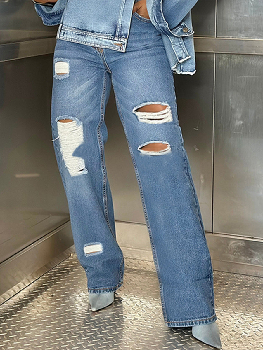 Women's Straight Leg Ripped Denim Pants