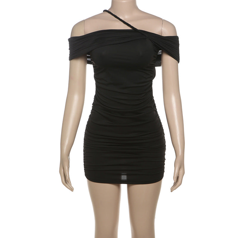 Winter Women's Sexy Off Shoulder Solid Color Pleated Bodycon Dress 8