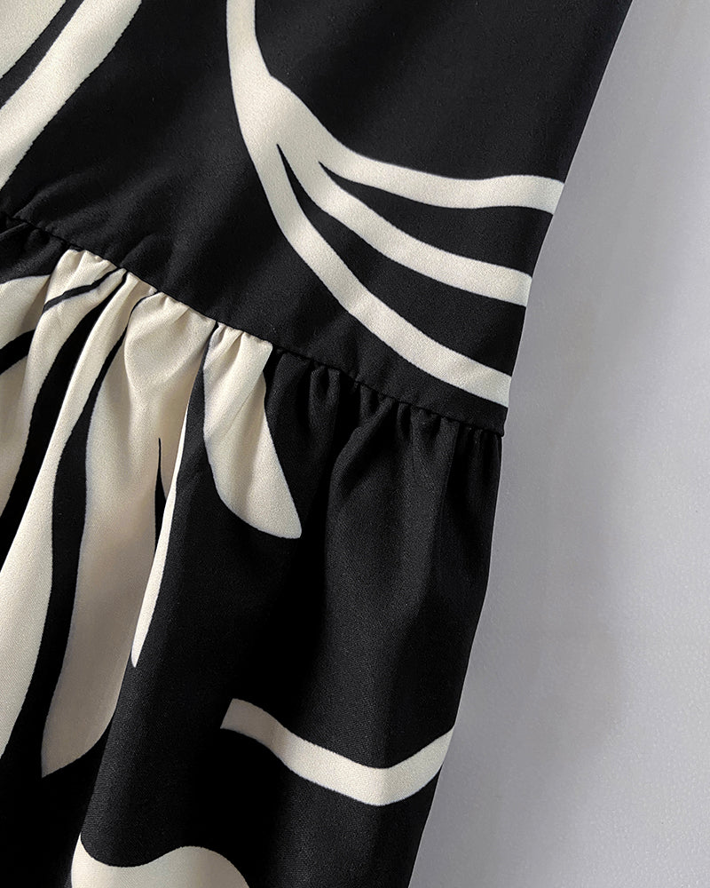 Women Sleeveless Leaf Black and White Print Maxi Dress--No Belt 5