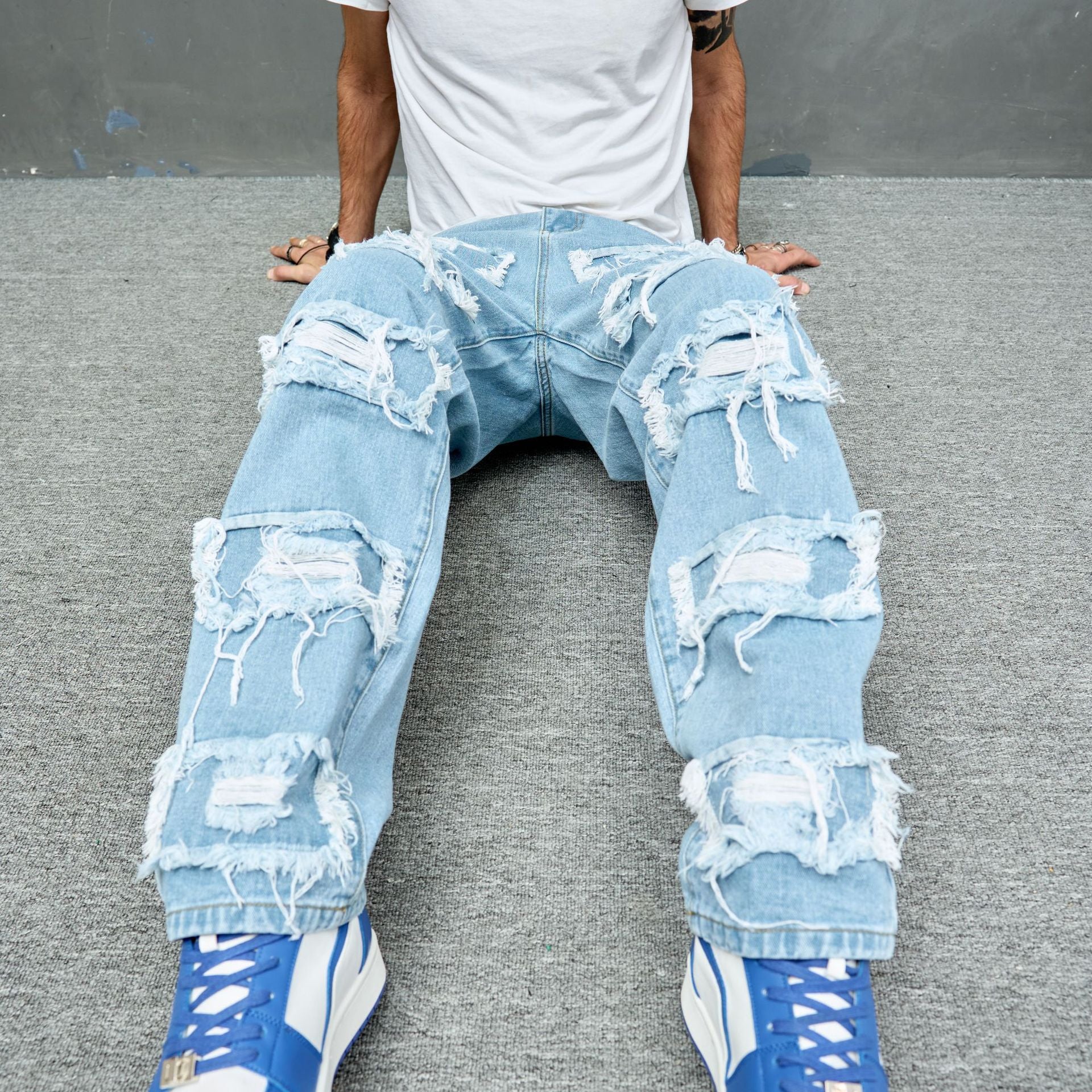 Men's Denim Pants Solid Color Stretch Ripped Beggar Pants 5