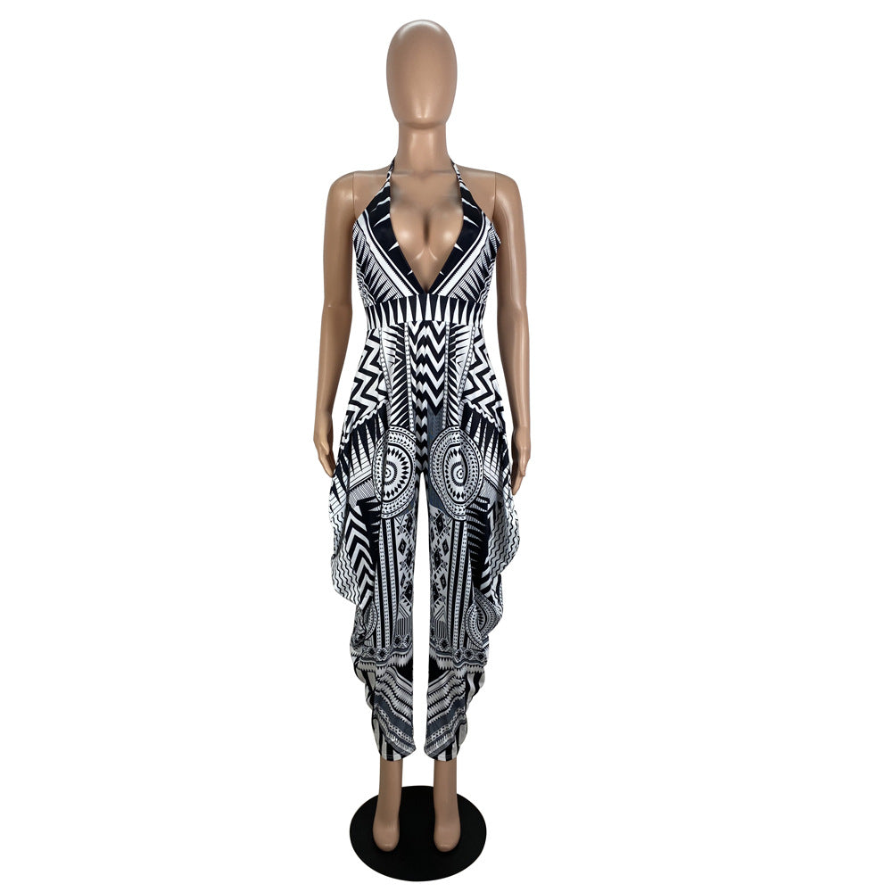 Women's Fashion Sexy Low Cut V-Neck Suspenders Positioning Print Jumpsuit 12