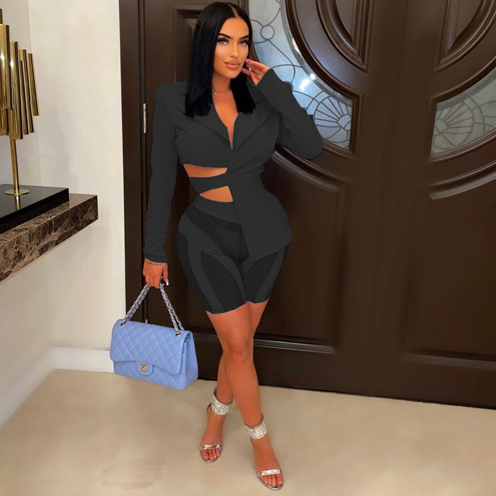 Sexy Women's Suit Solid V-Neck Top Back Lace-Up Pants Mesh Patchwork Set 5