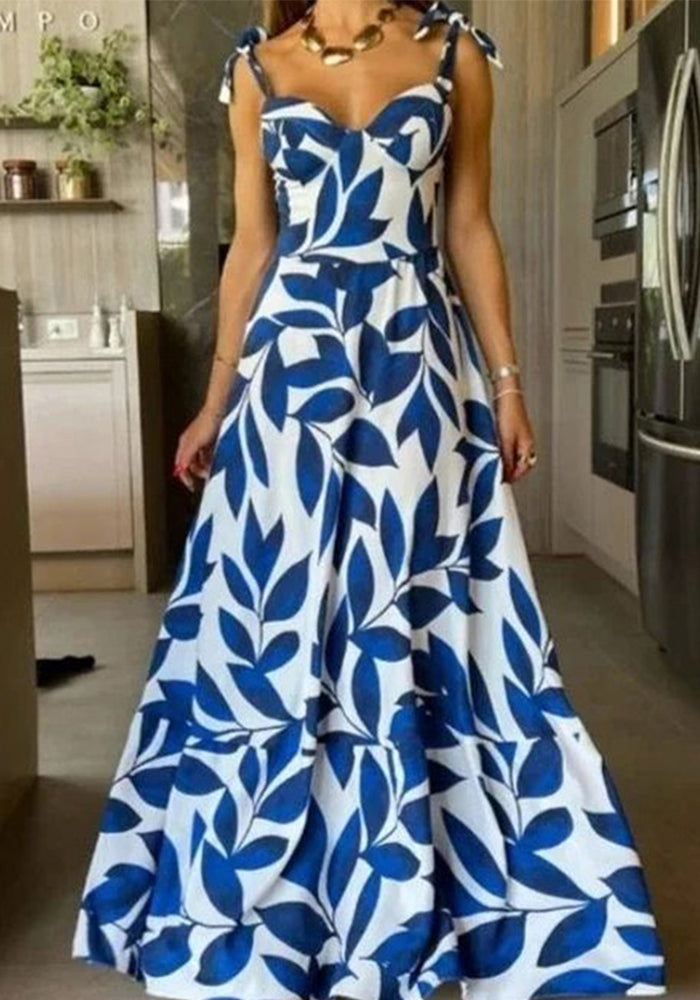 Spring Women's Fashion Chic High Waisted Straps Printed Long Dress