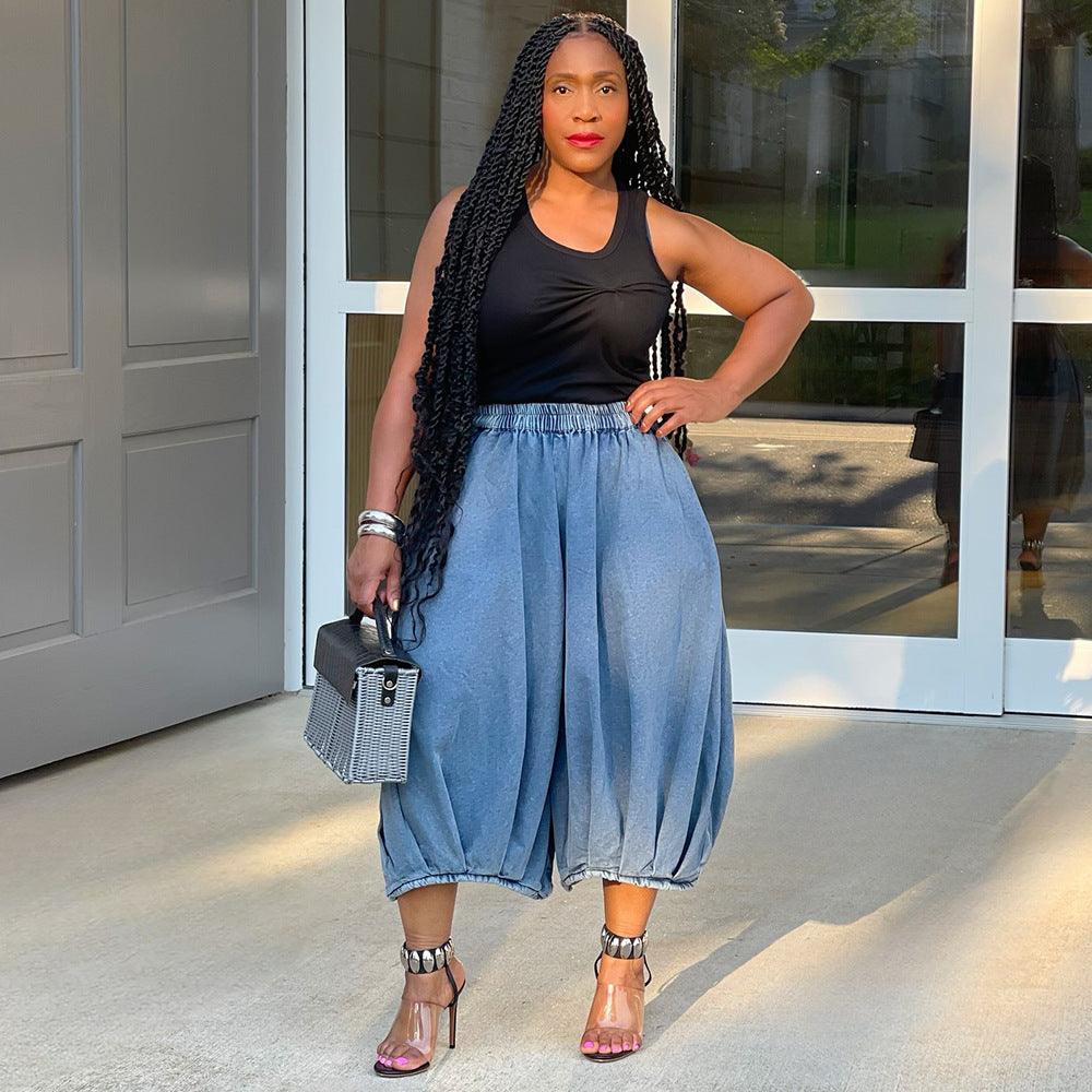 Women's Fashion Casual Elastic Waist Straight Wide Leg Denim Pants