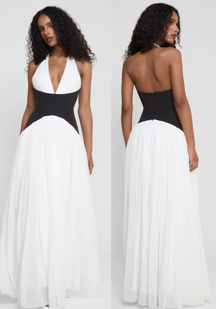 Contrast color sexy Holidays Casual Halter Neck deep v Low Back long dress