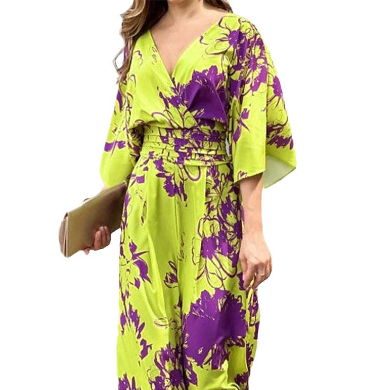 Summer Women's Fashionable And Elegant Print Bat Sleeves Slim Waist V-Neck Jumpsuit 7