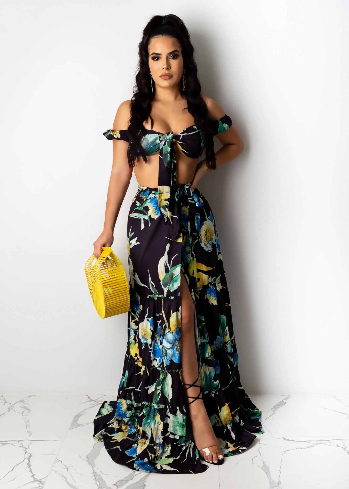 Women summer printed short-sleeved crop Top and slit Skirt sexy two-piece set 3
