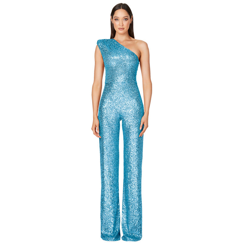 Women's Sleeveless One Shoulder Low Back Sequined Jumpsuit 9